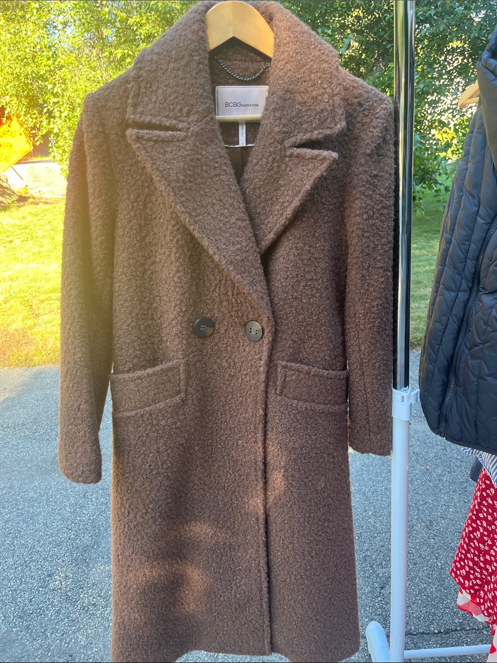BCBGMaxAzria Brown Bouclé Double-Breasted Long Coat